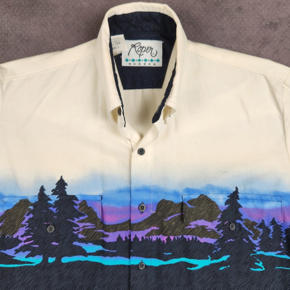 Vintage Roper Western Shirt Mens Small 90s Border Series Mountain Landscape USA